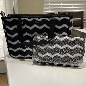 Thirty-One Beauty Tote and makeup bag,brand new,comes w/ dust bag,black chevron